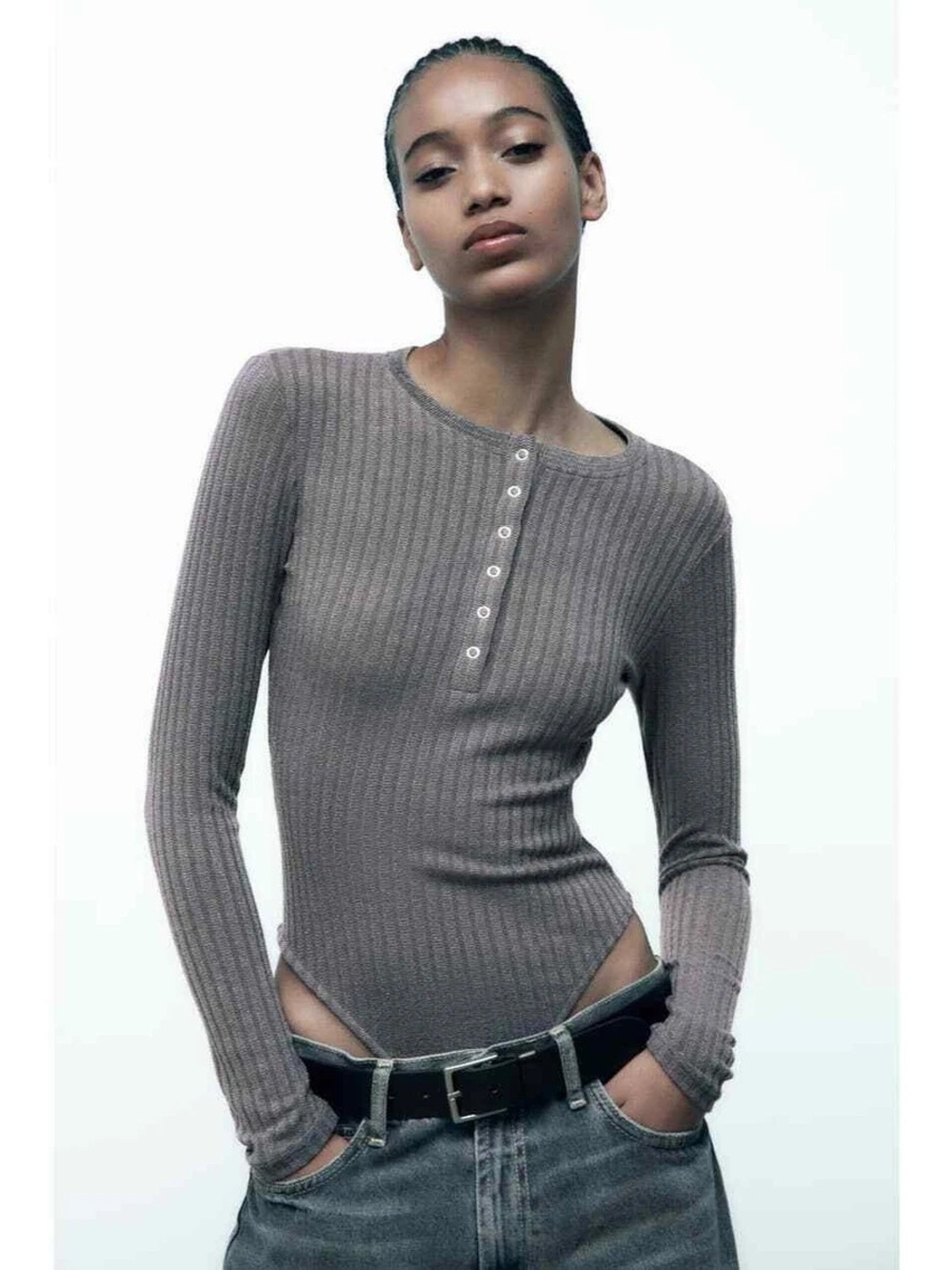 ZARA Heather Charcoal Ribbed Henley Neck Bodysuit Large Minimalist